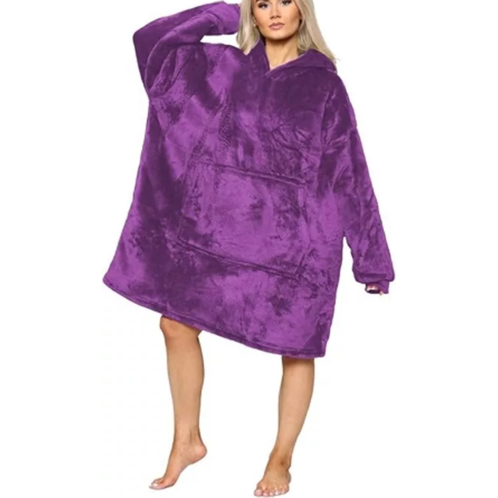 Ladies unisex oversized hoodie blanket snood snoodie in purple plum – soft fleece wearable blanket with hood and large pocket, cozy warm loungewear.